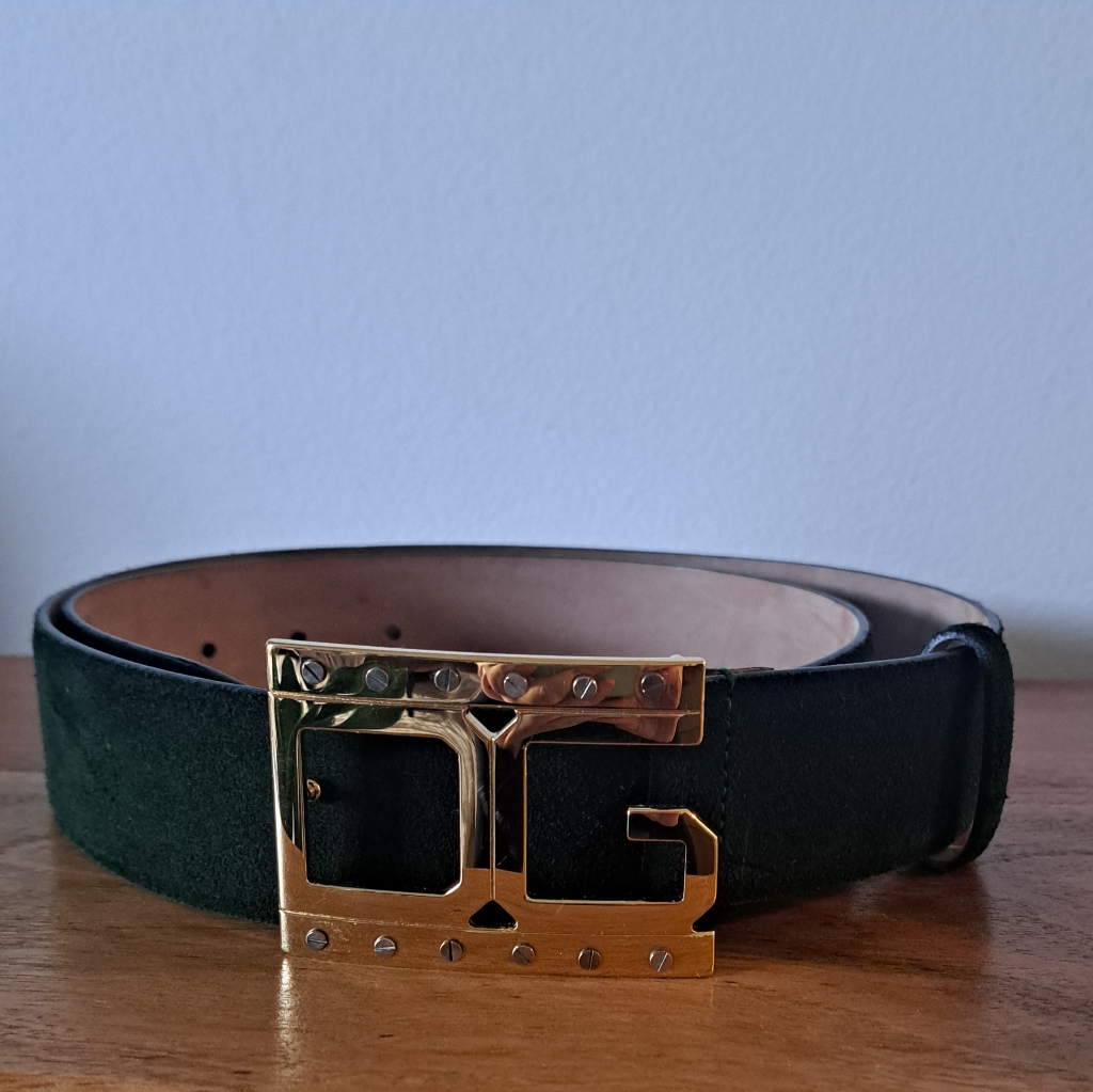 Dolce & Gabbana Green Suede Leather Belt Gold Logo Buckle Men’s Size 38